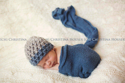 Chunky Gray Denim Blue Newborn Button Hat - Beautiful Photo Props