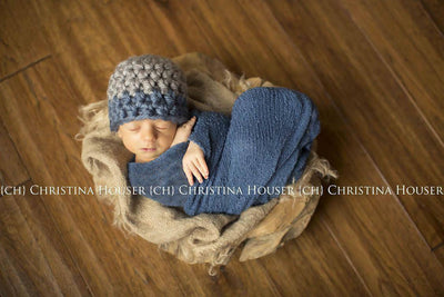 SET Chunky Gray Denim Blue Hat and Stretch Knit Wrap - Beautiful Photo Props