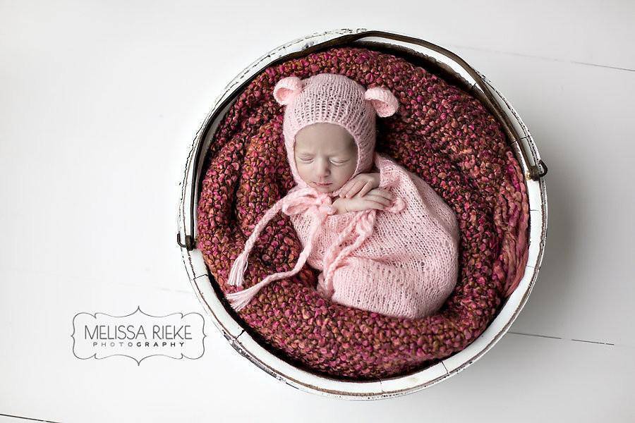 SET Pink Teddy Bear Hat and Knit Swaddle Cocoon Sack - Beautiful Photo Props
