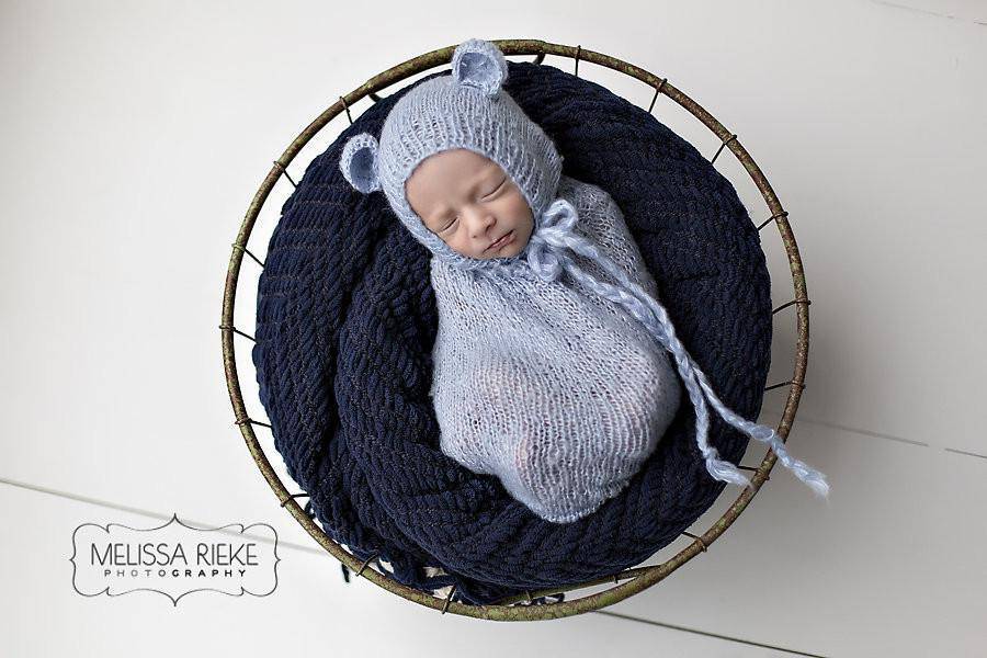 SET Blue Teddy Bear Hat and Knit Swaddle Cocoon Sack - Beautiful Photo Props