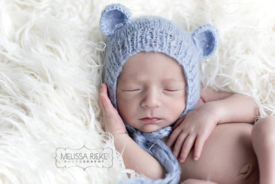 SET Blue Teddy Bear Hat and Knit Swaddle Cocoon Sack - Beautiful Photo Props