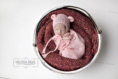 SET Pink Blue Teddy Bear Hats and Knit Swaddle Cocoon Sacks - Beautiful Photo Props