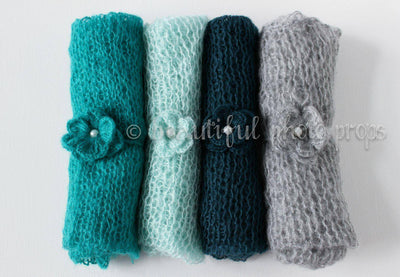 SET Teal Aqua Gray Tones Mohair Knit Baby Wrap and Headband - Beautiful Photo Props