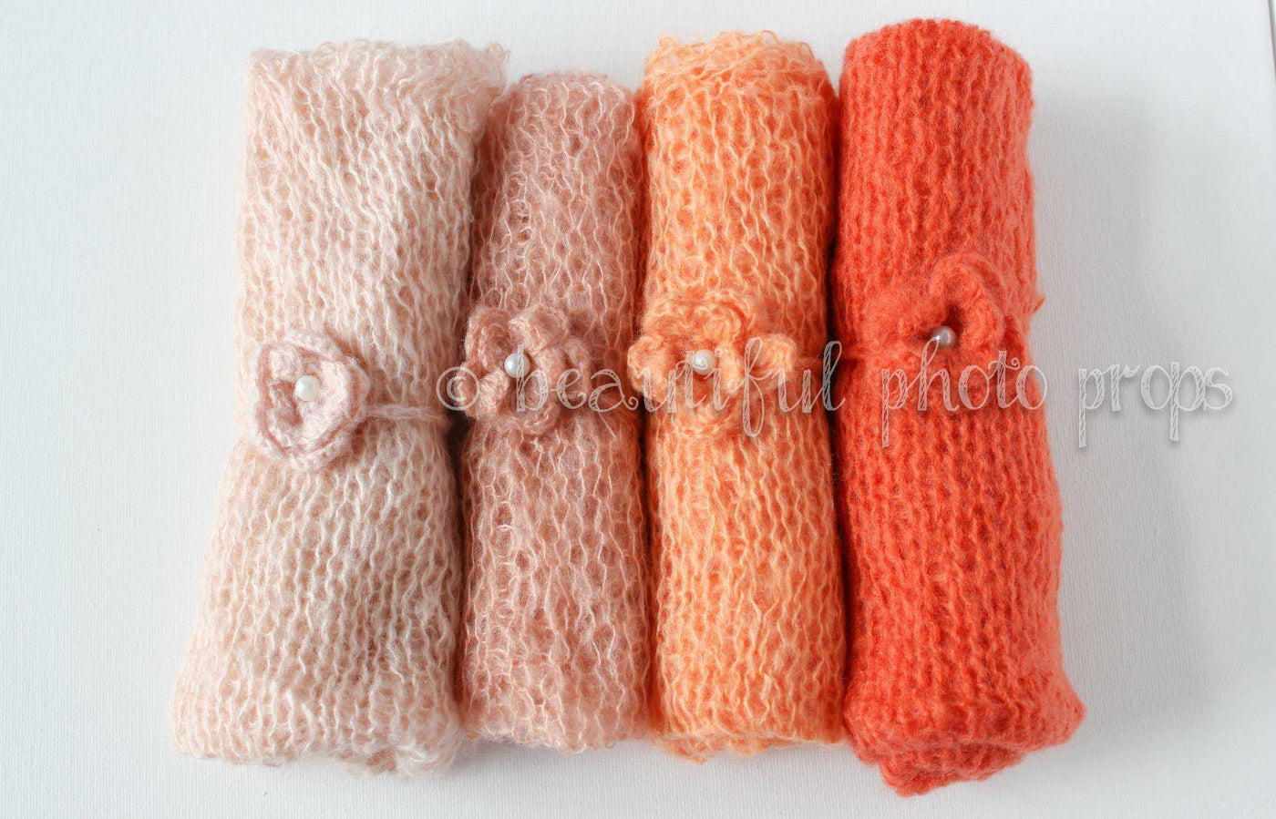 SET Peach Orange Coral Tones Mohair Knit Baby Wrap and Headband - Beautiful Photo Props