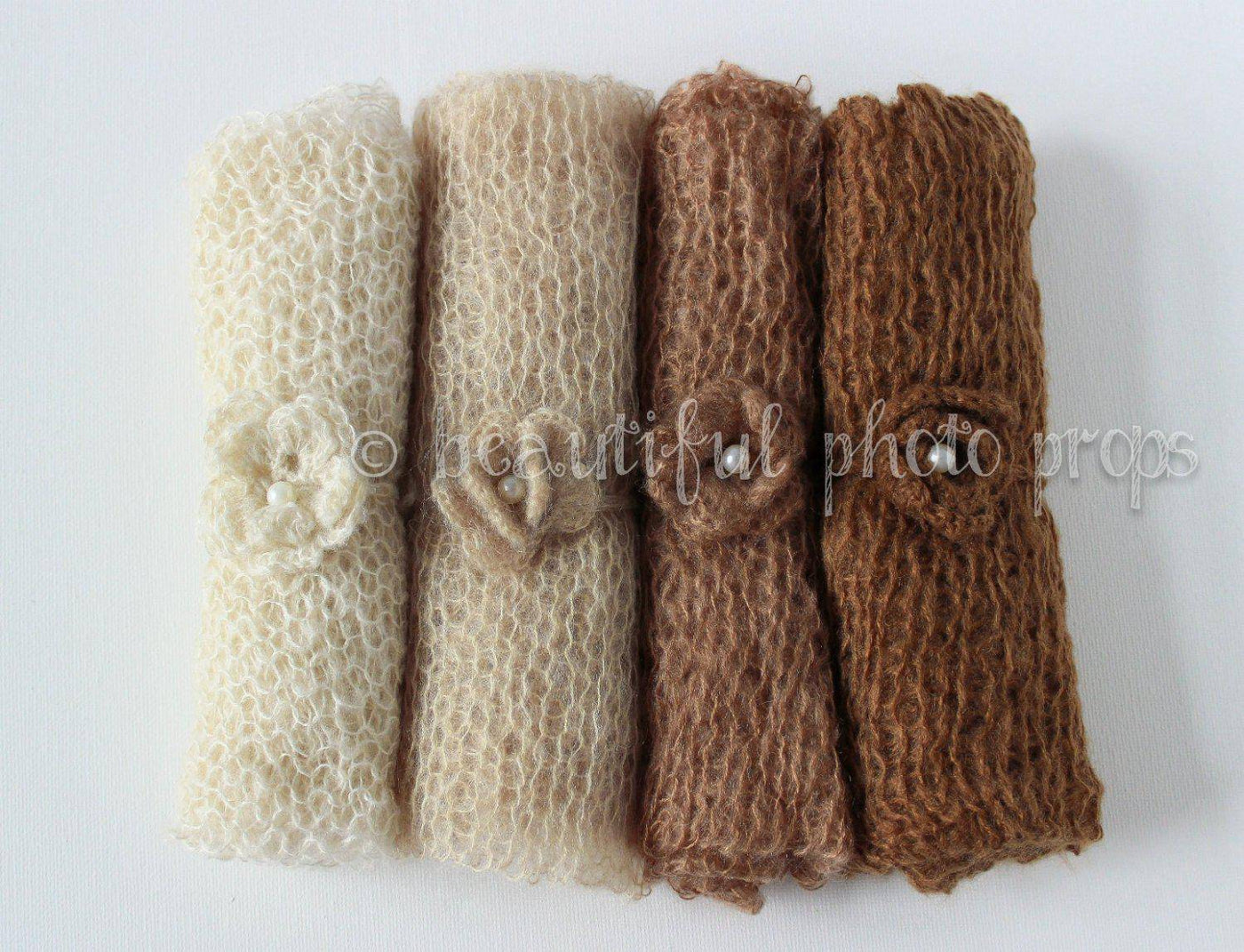 SET Cream Brown Tones Mohair Knit Baby Wrap and Headband - Beautiful Photo Props