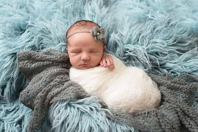 SET White Sunflower and Pewter Mohair Knit Baby Wrap and Headband - Beautiful Photo Props
