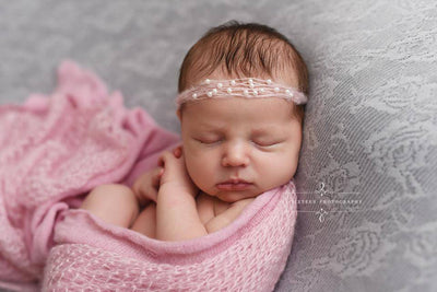 SET Pink Mohair Knit Baby Wrap and Tiny Pearls Headband - Beautiful Photo Props