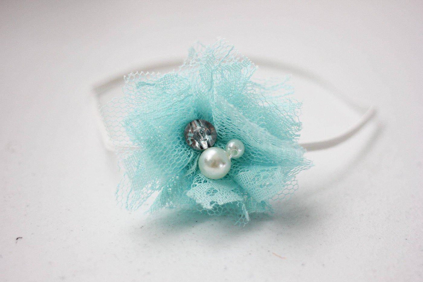 Aqua Lace Pearl Rhinestone Flower Headband - Beautiful Photo Props