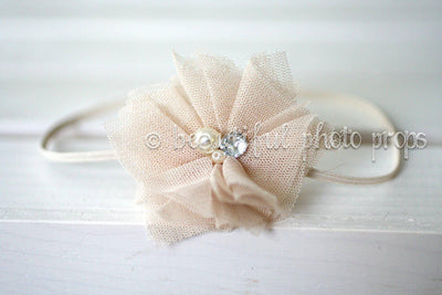 Beige Lace Pearl Rhinestone Flower Headband - Beautiful Photo Props