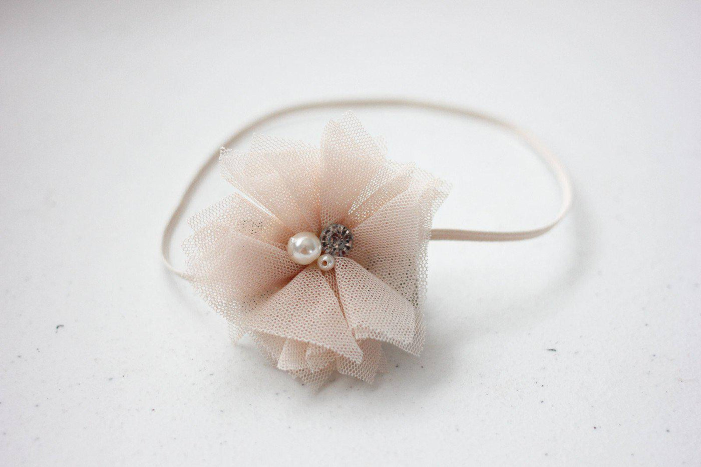 Beige Lace Pearl Rhinestone Flower Headband - Beautiful Photo Props