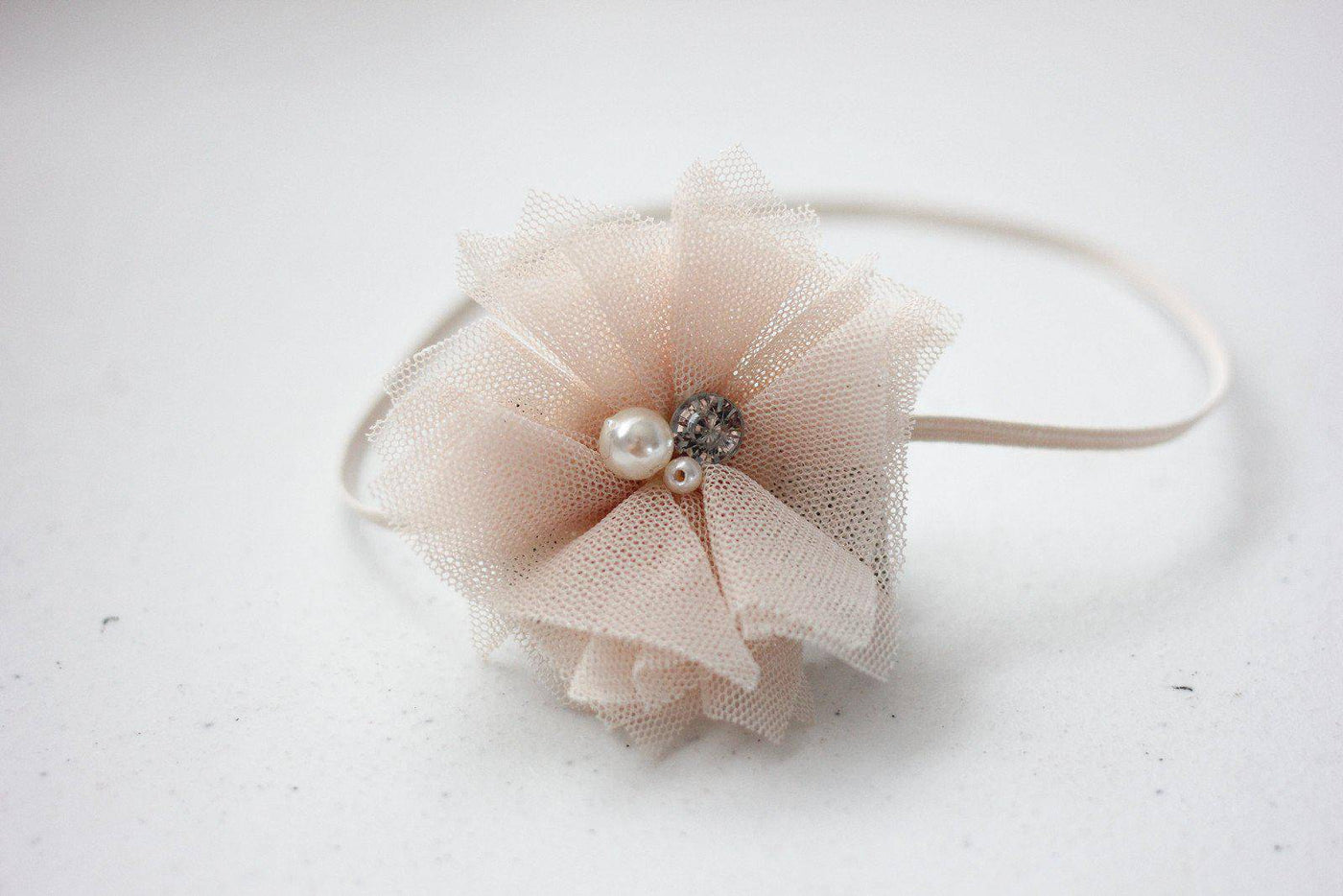 Beige Lace Pearl Rhinestone Flower Headband - Beautiful Photo Props