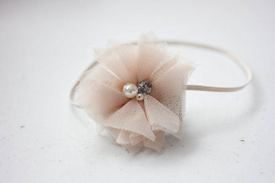 Beige Lace Pearl Rhinestone Flower Headband - Beautiful Photo Props