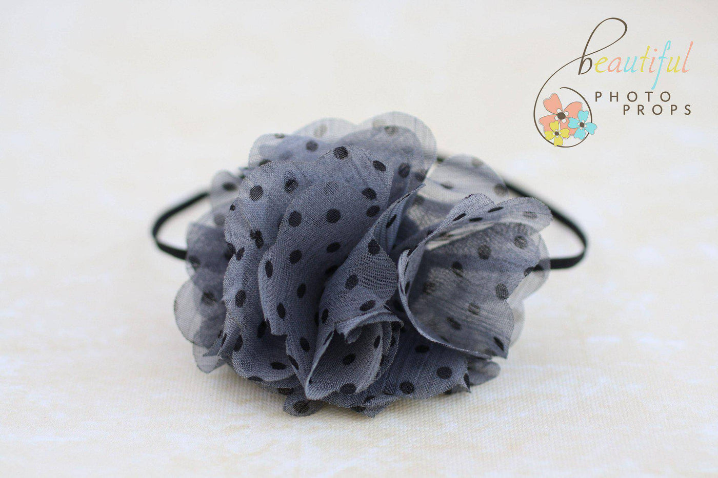 Gray Polka Dot Fabric Flower Headband - Beautiful Photo Props