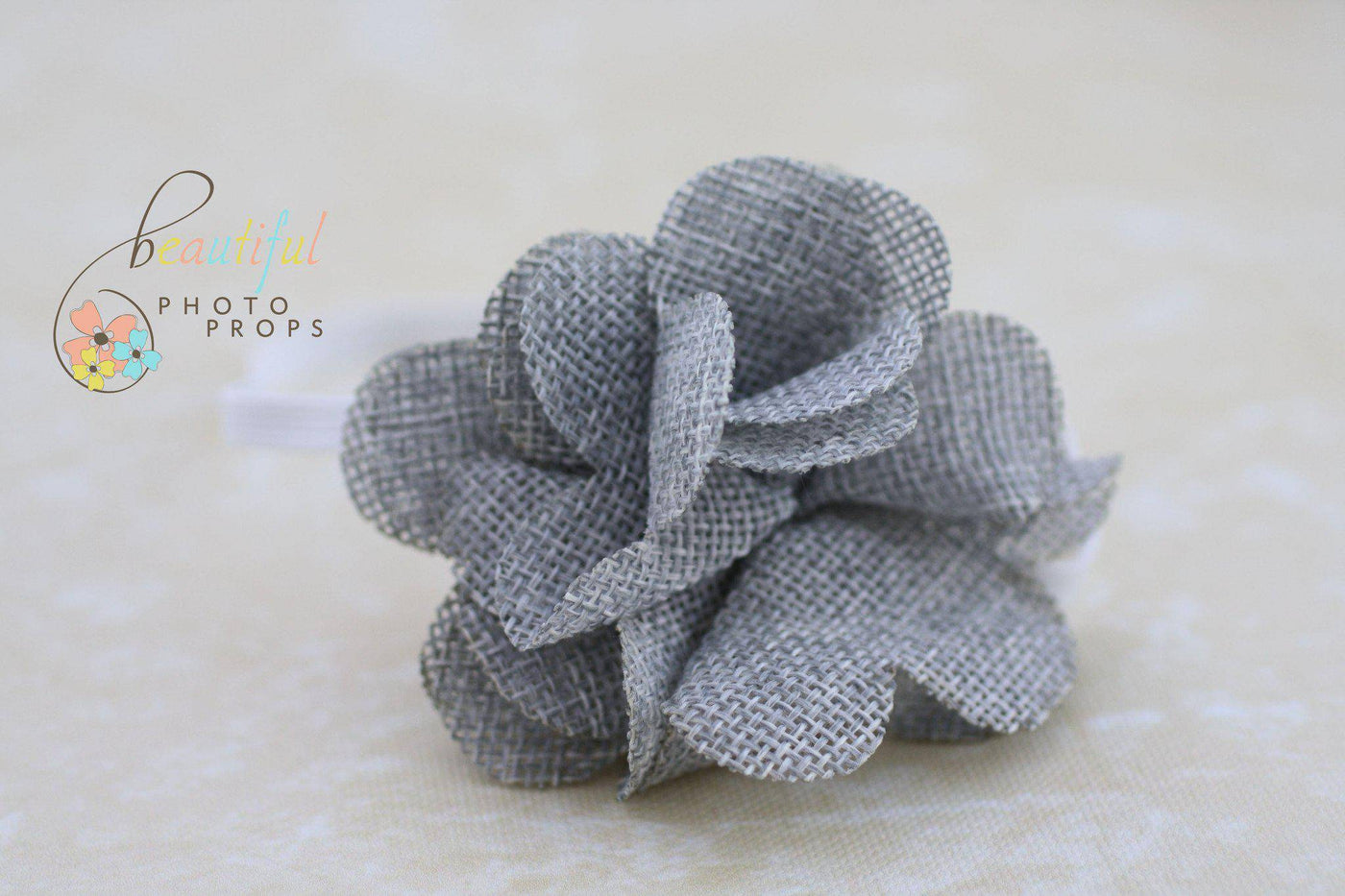 Gray Burlap Fabric Flower Headband - Beautiful Photo Props