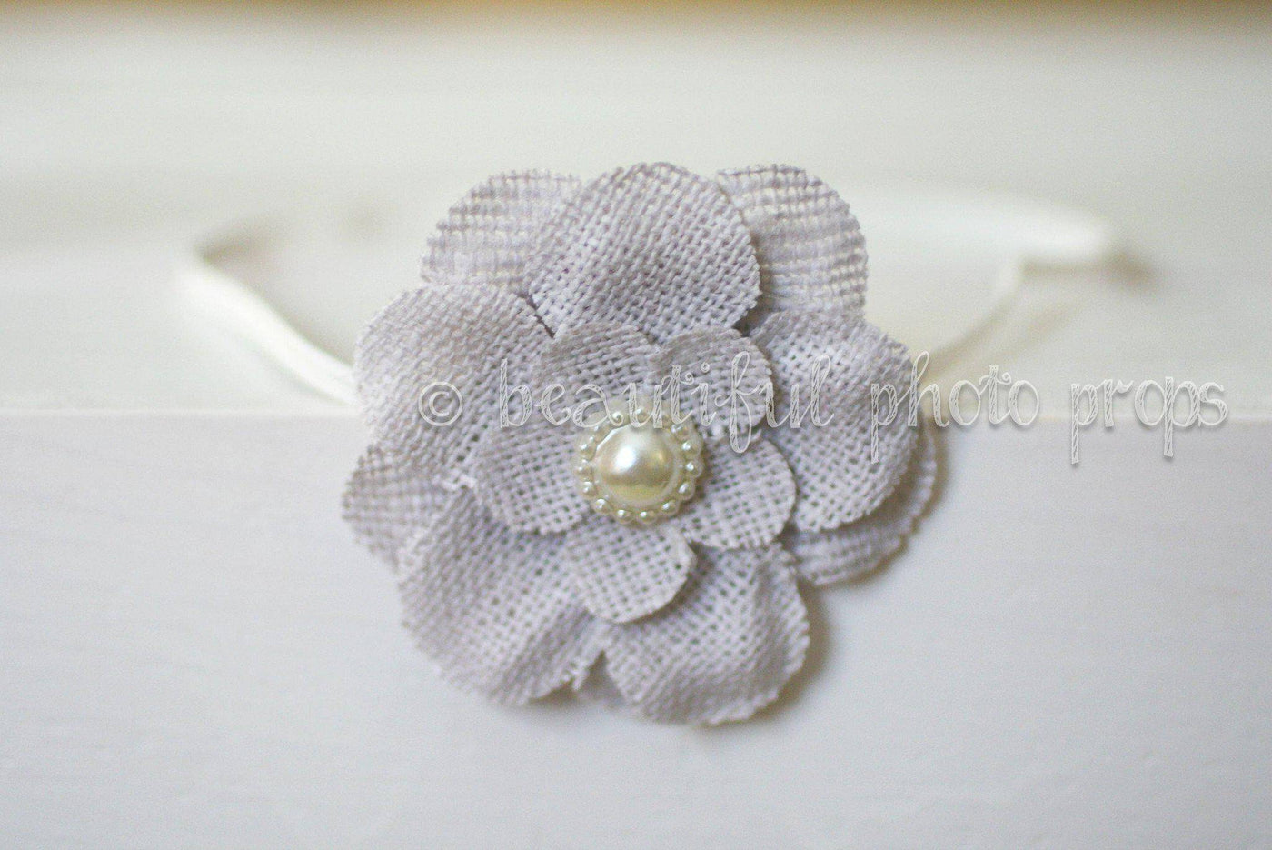 Light Gray Burlap Fabric Pearl Flower Headband - Beautiful Photo Props