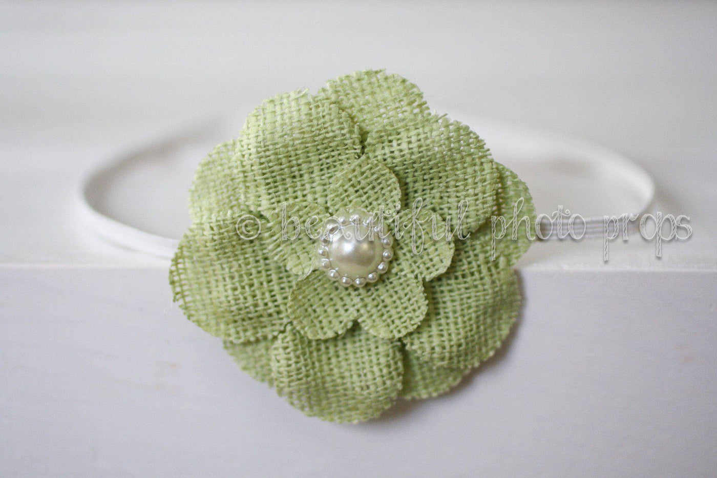 Sage Green Burlap Fabric Pearl Flower Headband - Beautiful Photo Props