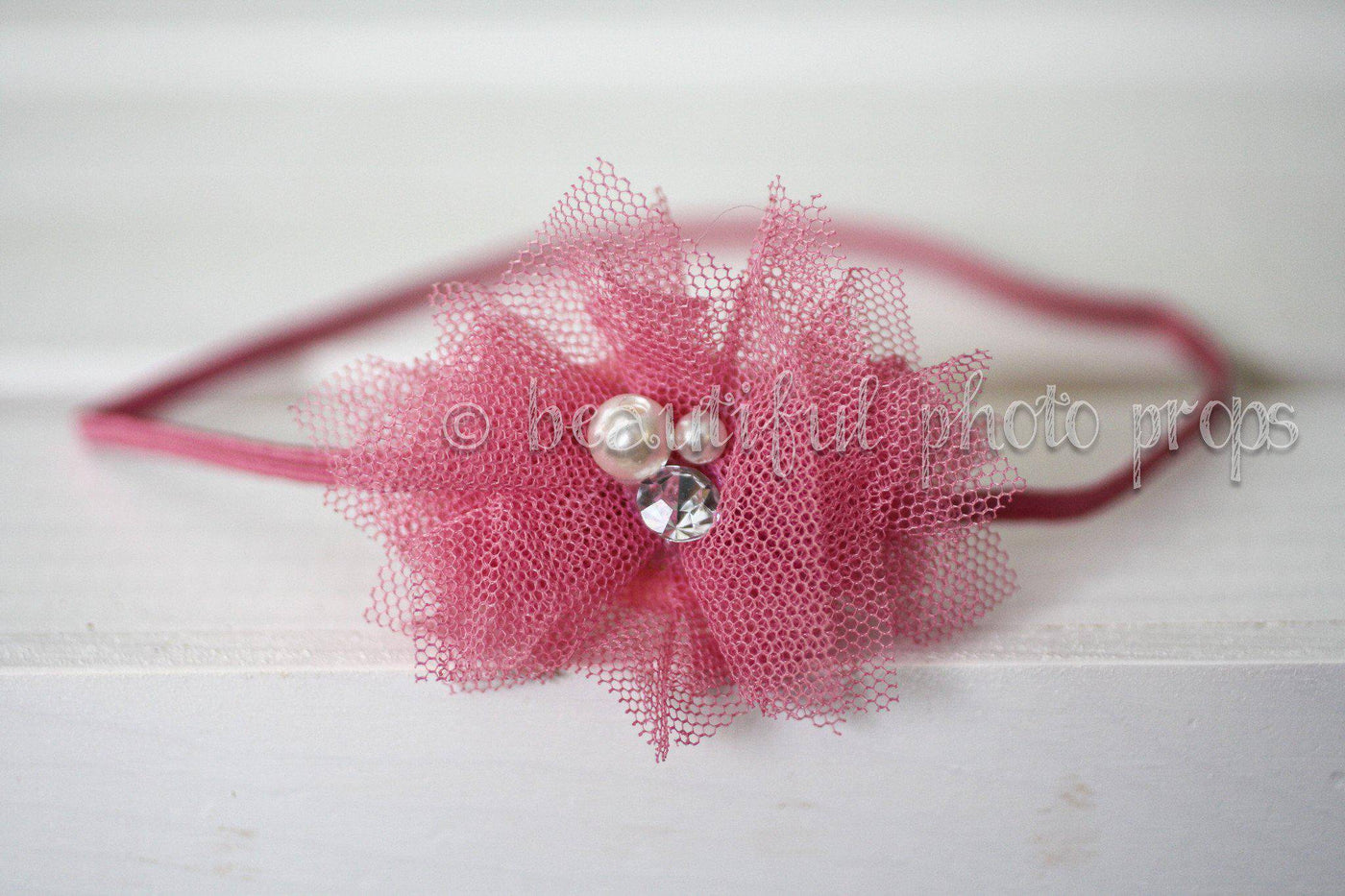 Rose Pink Lace Pearl Rhinestone Flower Headband - Beautiful Photo Props