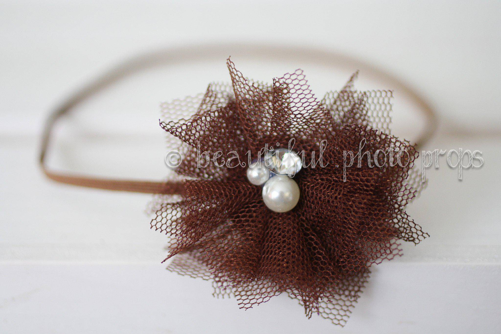 Brown Lace Pearl Rhinestone Flower Headband – Beautiful Photo Props