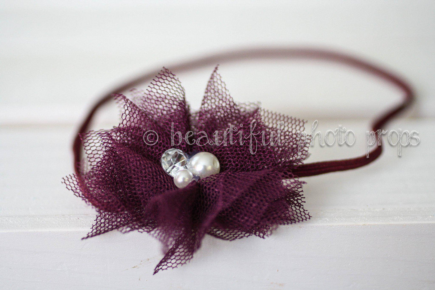 Eggplant Purple Lace Pearl Rhinestone Flower Headband - Beautiful Photo Props