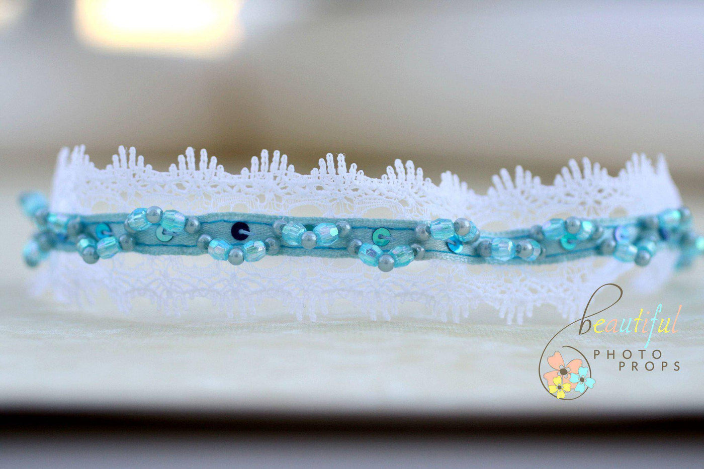 Aqua Blue and White Pearl and Lace Halo Princess Headband - Beautiful Photo Props