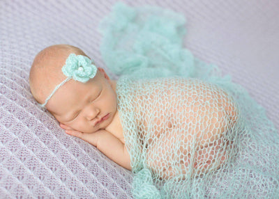 SET Baby Blue Mohair Knit Baby Wrap and Headband - Beautiful Photo Props