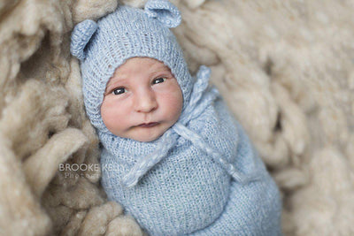 Baby Blue Teddy Bear Hat and Knit Swaddle Cocoon Sack - Beautiful Photo Props