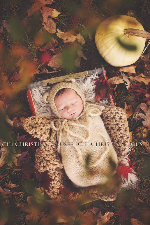 SET Beige Mohair Teddy Bear Hat and Knit Swaddle Cocoon Sack - Beautiful Photo Props