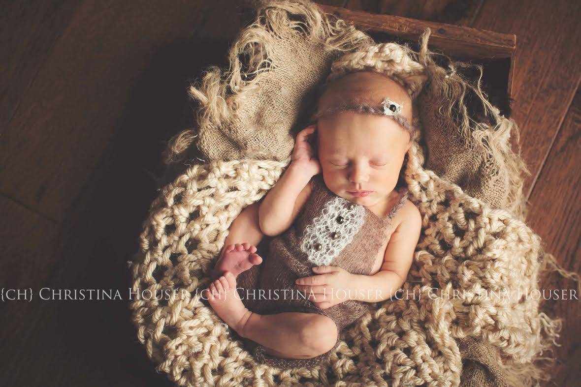 SET Brown Mohair Overalls Pants and Lace Pearl Headband - Beautiful Photo Props