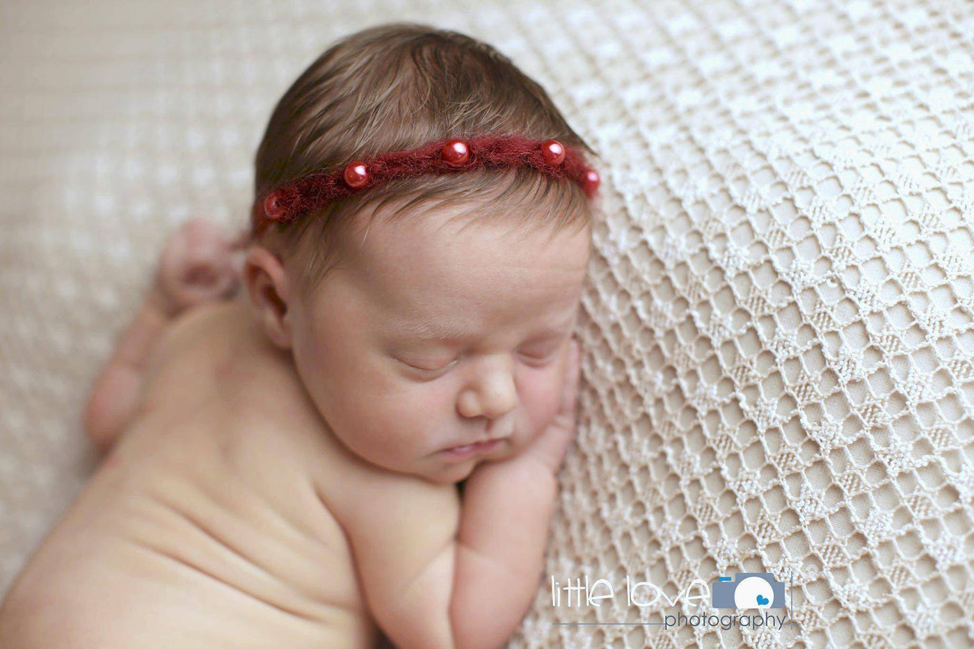 Burgundy Red Five Pearl Mohair Halo Tieback Headband - Beautiful Photo Props