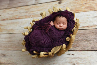 SET Eggplant Purple Newborn Knit Swaddle Sack and Wide Bow Headband - Beautiful Photo Props