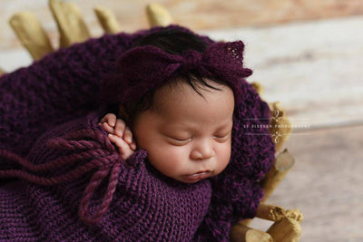SET Eggplant Purple Newborn Knit Swaddle Sack and Wide Bow Headband - Beautiful Photo Props