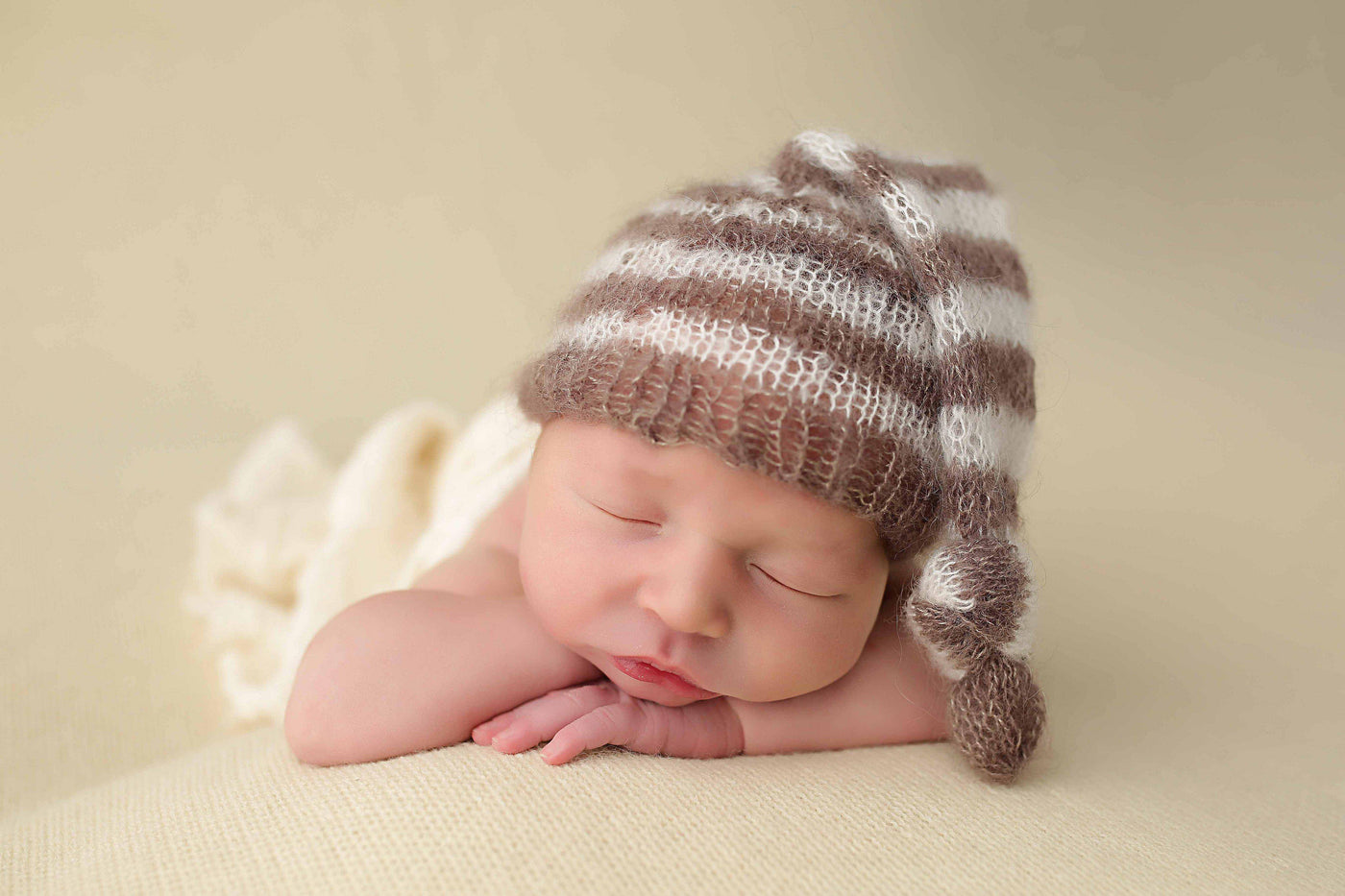 Toffee Brown and Cream Newborn Mohair Pixie Baby Hat - Beautiful Photo Props