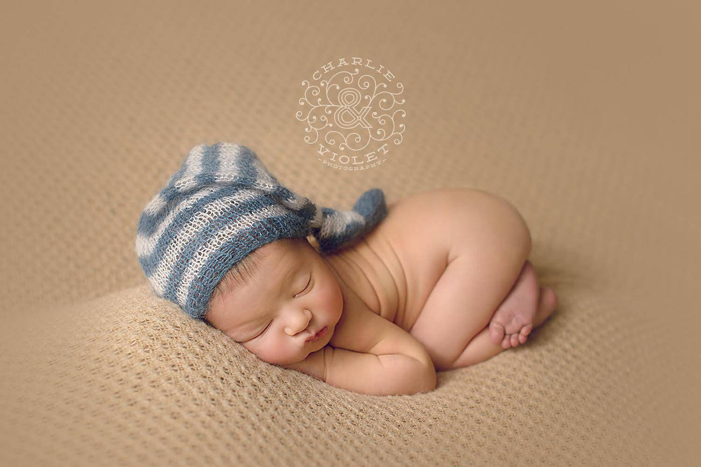 Denim Blue and Cream Newborn Mohair Pixie Baby Hat - Beautiful Photo Props