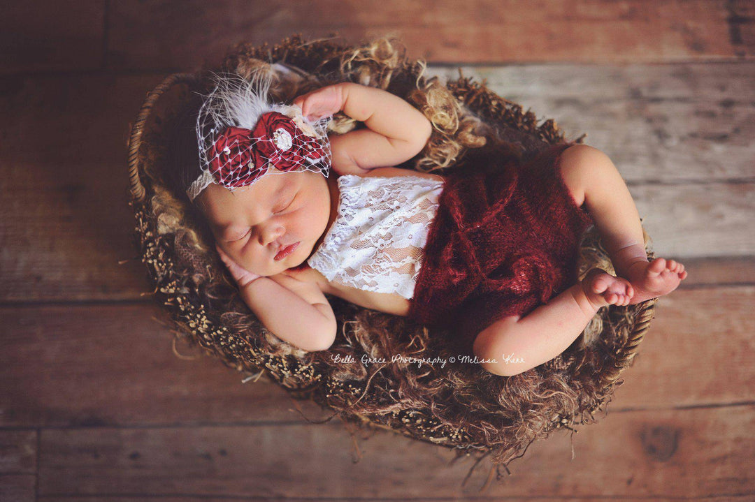Burgundy Red Lace Front Mohair Knit Newborn Romper, Beige