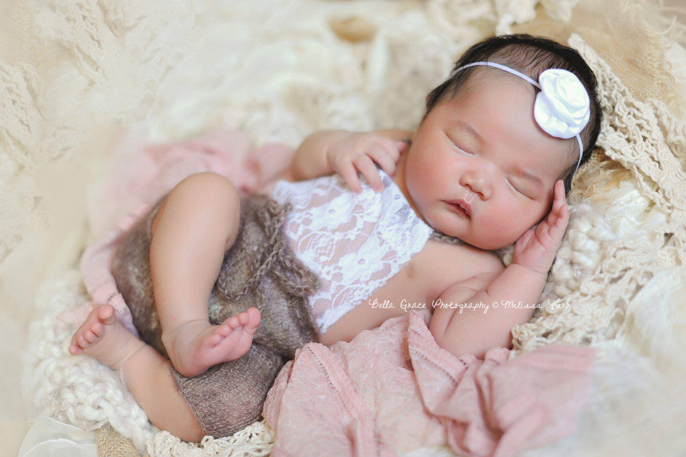 Toffee Brown Lace Front Mohair Knit Newborn Romper - Beautiful Photo Props