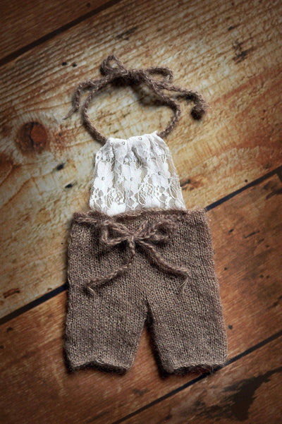 Toffee Brown Lace Front Mohair Knit Newborn Romper - Beautiful Photo Props