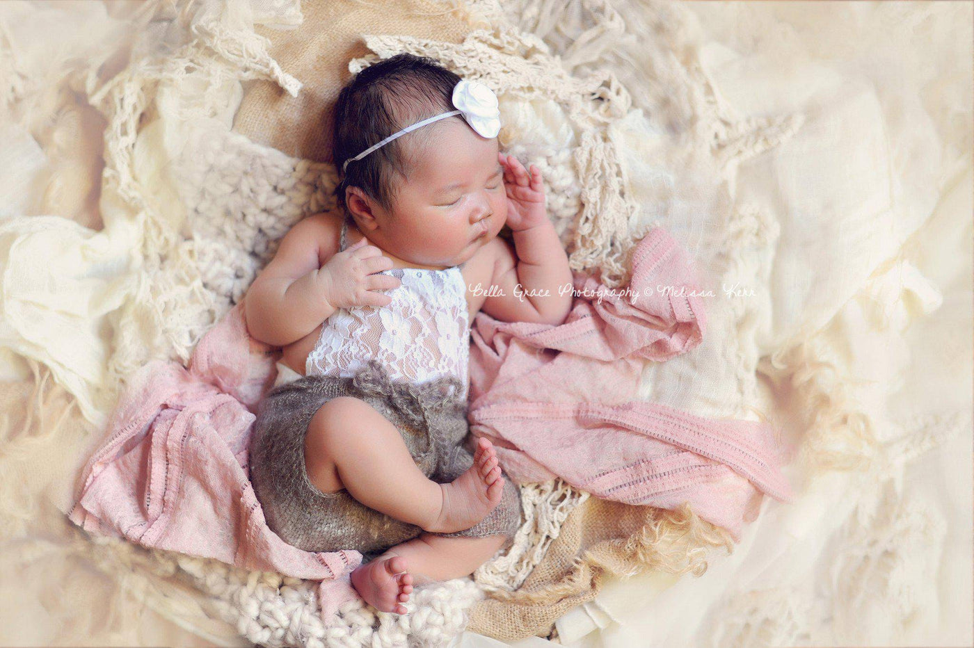 Toffee Brown Lace Front Mohair Knit Newborn Romper - Beautiful Photo Props
