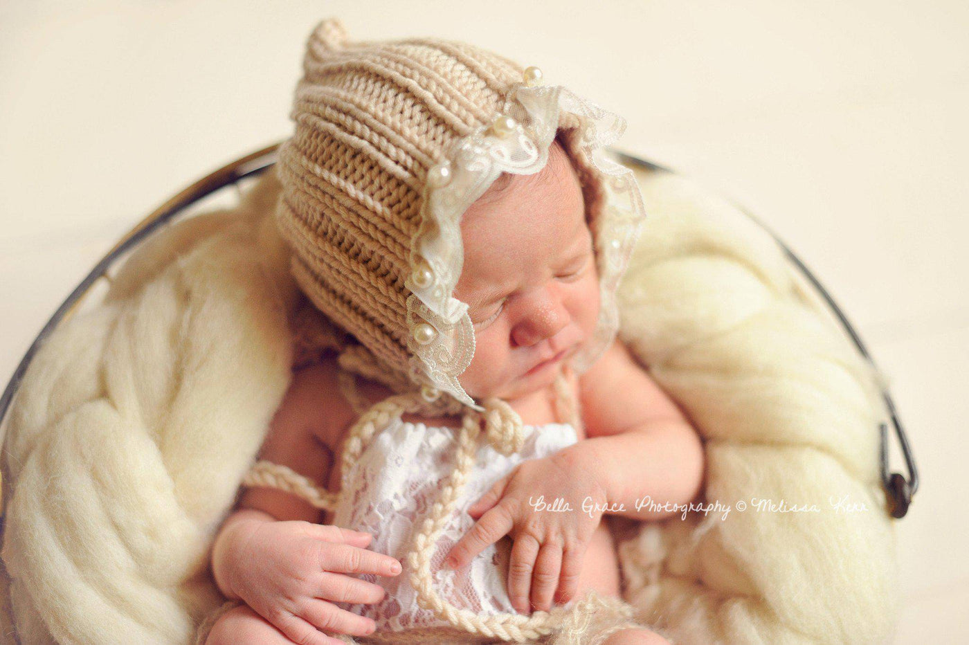 Beige Lace Pearl Cotton Knit Baby Bonnet - Beautiful Photo Props