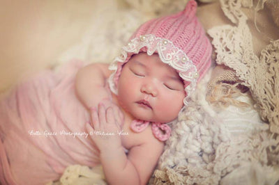 Rose Pink Lace Pearl Cotton Knit Baby Bonnet - Beautiful Photo Props