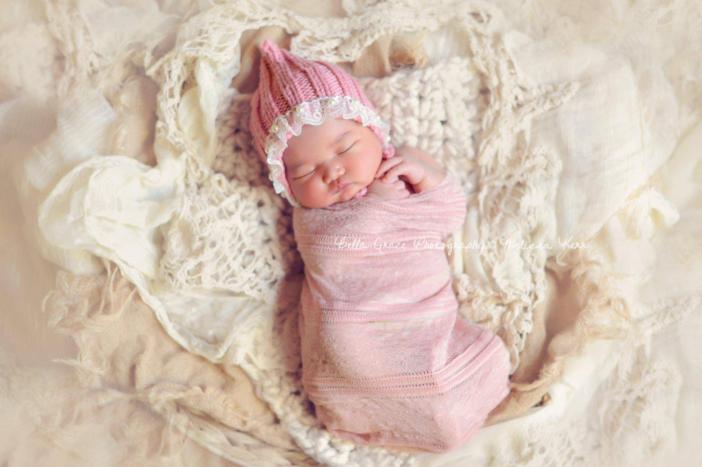 Rose Pink Lace Pearl Cotton Knit Baby Bonnet - Beautiful Photo Props