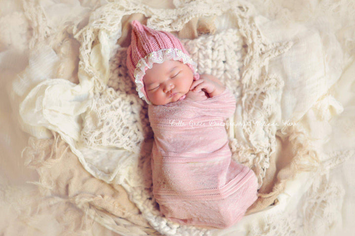 Rose Pink Lace Pearl Cotton Knit Baby Bonnet – Beautiful Photo Props