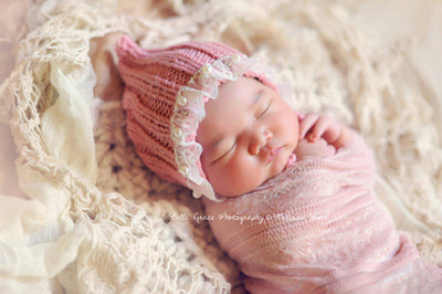 Rose Pink Lace Pearl Cotton Knit Baby Bonnet - Beautiful Photo Props
