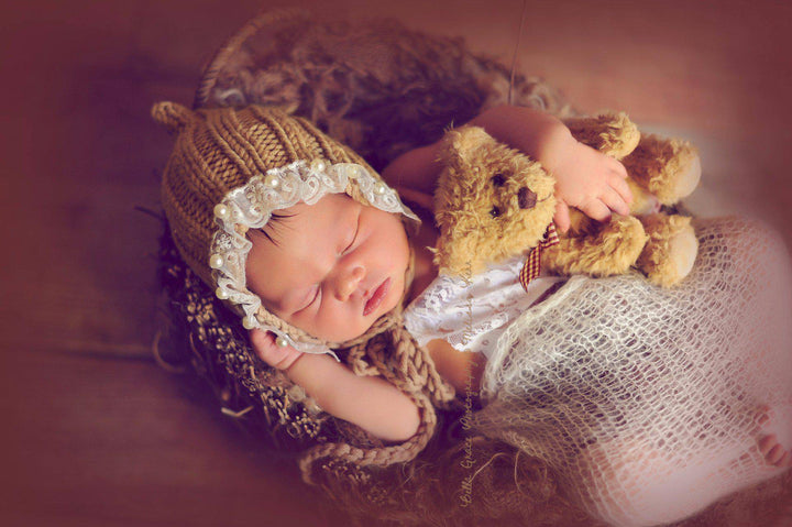 Toffee Brown Lace Pearl Cotton Knit Baby Bonnet – Beautiful Photo