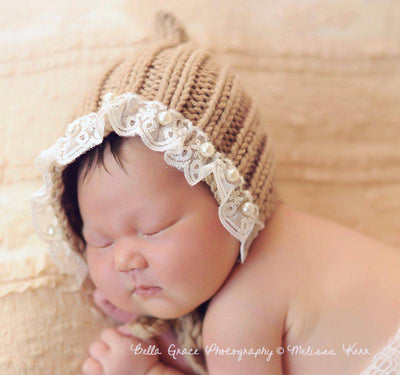 Toffee Brown Lace Pearl Cotton Knit Baby Bonnet - Beautiful Photo Props