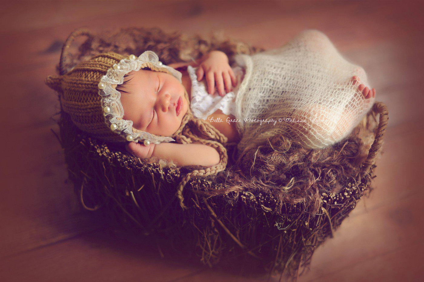 Toffee Brown Lace Pearl Cotton Knit Baby Bonnet - Beautiful Photo Props