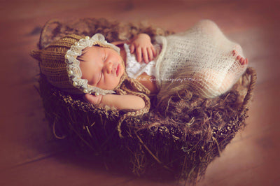 Toffee Brown Lace Pearl Cotton Knit Baby Bonnet - Beautiful Photo Props