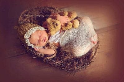 Toffee Brown Lace Pearl Cotton Knit Baby Bonnet - Beautiful Photo Props