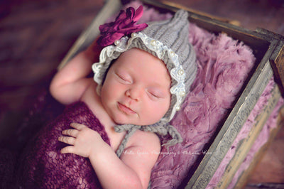 Gray Lace Pearl Cotton Knit Baby Bonnet - Beautiful Photo Props