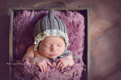 Gray Lace Pearl Cotton Knit Baby Bonnet - Beautiful Photo Props