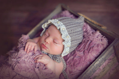 Gray Lace Pearl Cotton Knit Baby Bonnet - Beautiful Photo Props